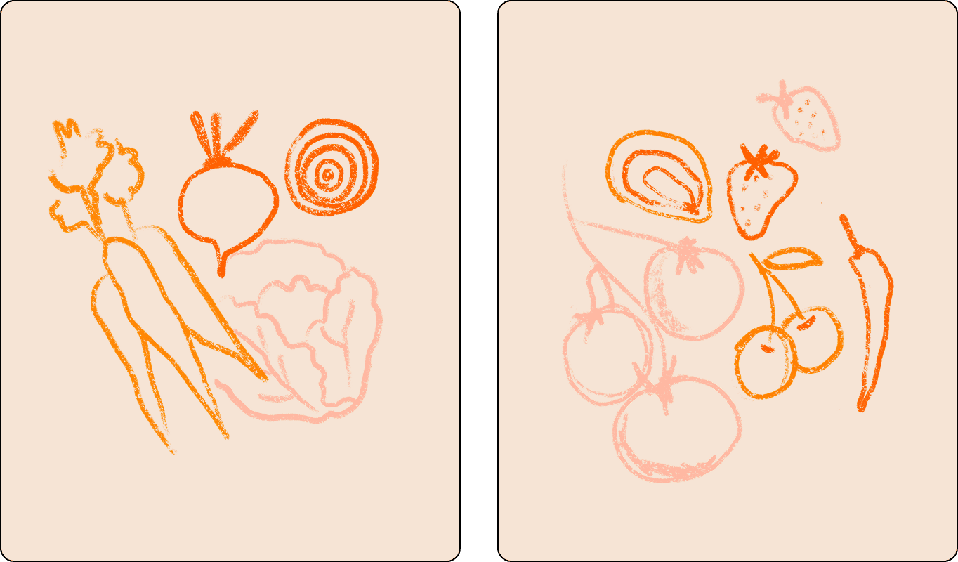 Two panels with simple line drawings of vegetables (carrot, celery, onion, cabbage) on the left, and fruits (tomato, cherry, strawberry, pepper) on the right, on a beige background. | Wonderly