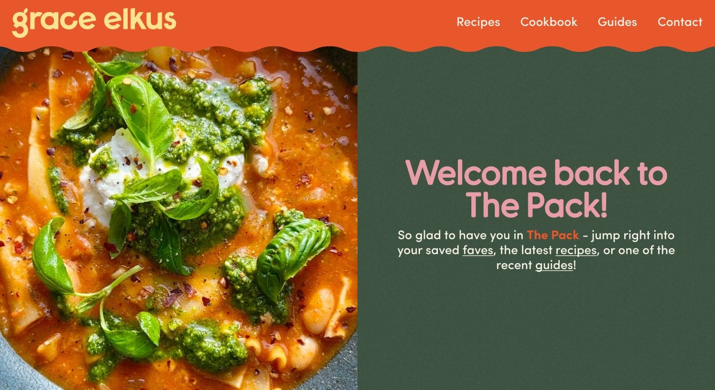 Bowl of pasta in tomato sauce topped with pesto, basil, and ricotta next to a welcome message on a food blog homepage. | Wonderly
