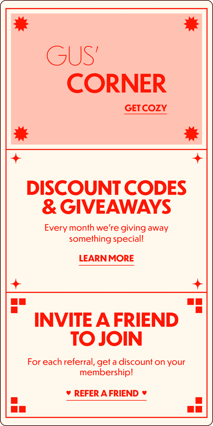 A promotional flyer with sections advertising Gus' Corner, discount codes and giveaways, and a referral program, all in red and cream colors with decorative elements. | Wonderly