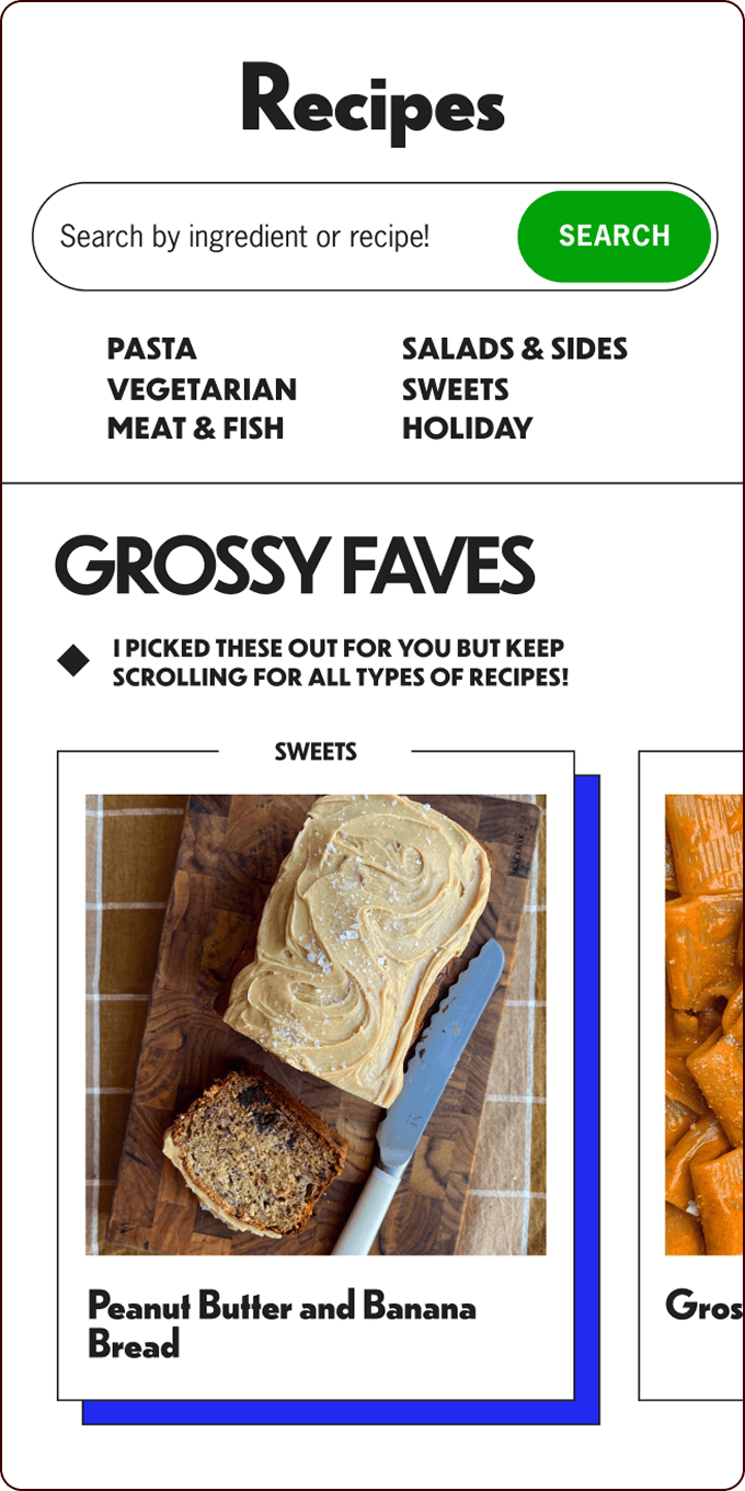 A recipe webpage highlights "Peanut Butter and Banana Bread" under sweets, showing a sliced loaf on a wooden board with a knife. | Wonderly