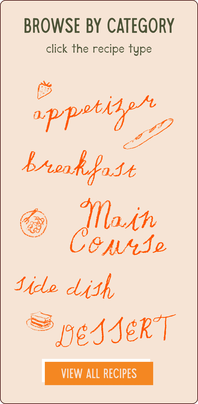 A recipe menu graphic with handwritten-style categories: appetizer, breakfast, main course, side dish, and dessert. A "View All Recipes" button is at the bottom. | Wonderly