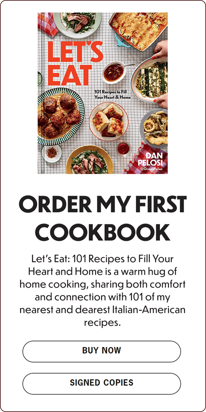 Cover of "Let’s Eat" cookbook by Dan Pelosi, featuring various Italian dishes, with options below to buy standard or signed copies. | Wonderly