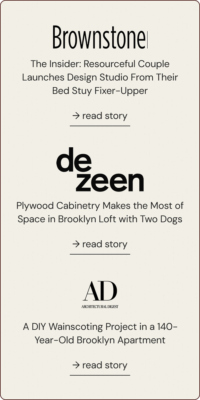 A beige graphic displays headlines from Brownstone, Dezeen, and Architectural Digest, each with a short project description and a "read story" link. | Wonderly