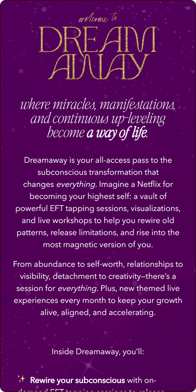 Purple promotional graphic for Dreamaway, describing it as a subscription for subconscious transformation with sessions, visualizations, and live workshops for personal growth and life changes. | Wonderly