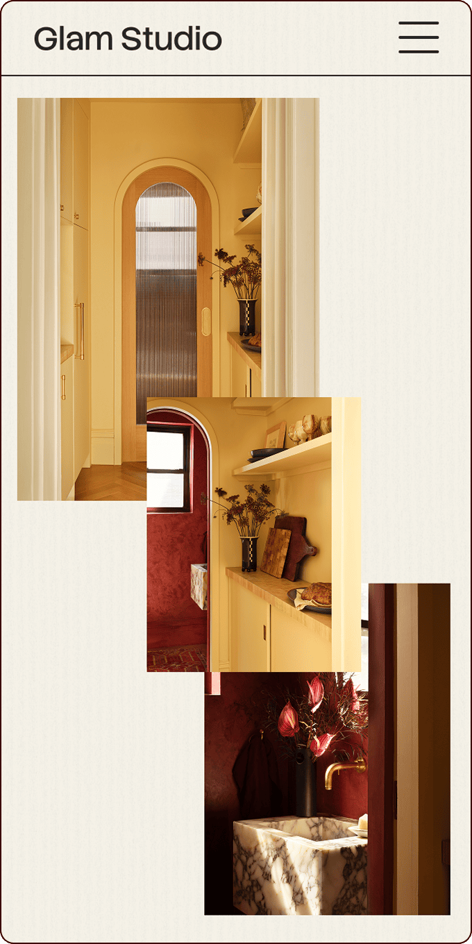 A collage of interior design images featuring yellow walls, shelves with decor, a marble sink, and a gold faucet, shown on a webpage for Glam Studio. | Wonderly
