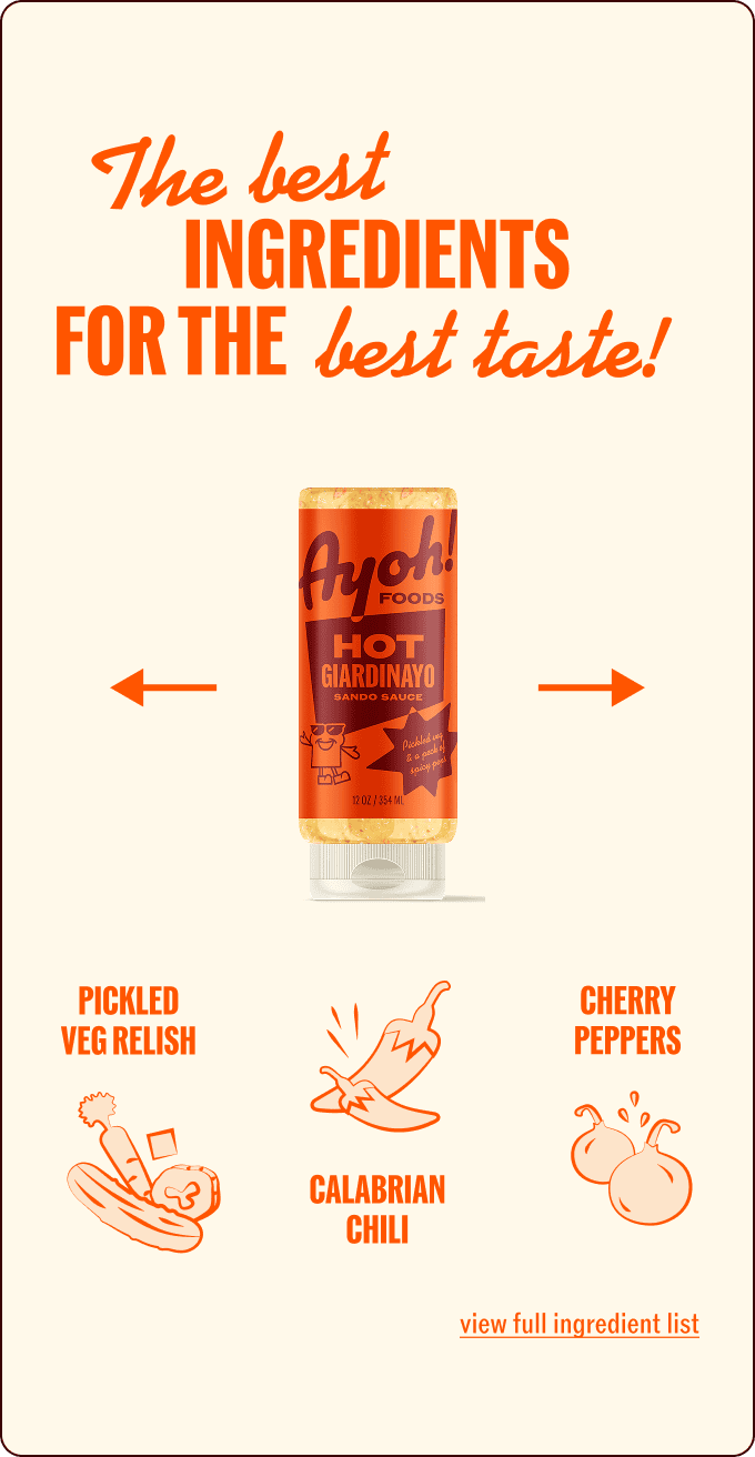 A bottle of Ayoh! Foods Hot Giardinayo sauce is shown with labels highlighting pickled veg relish, Calabrian chili, and cherry peppers as key ingredients. | Wonderly