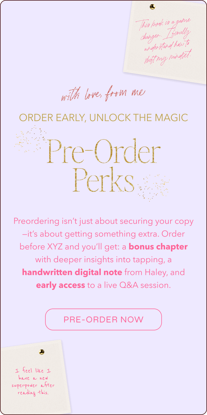 Promotional image for a book pre-order campaign offering perks like a bonus chapter, handwritten digital note, and early Q&A access. Pink and gold text on a lavender background. | Wonderly