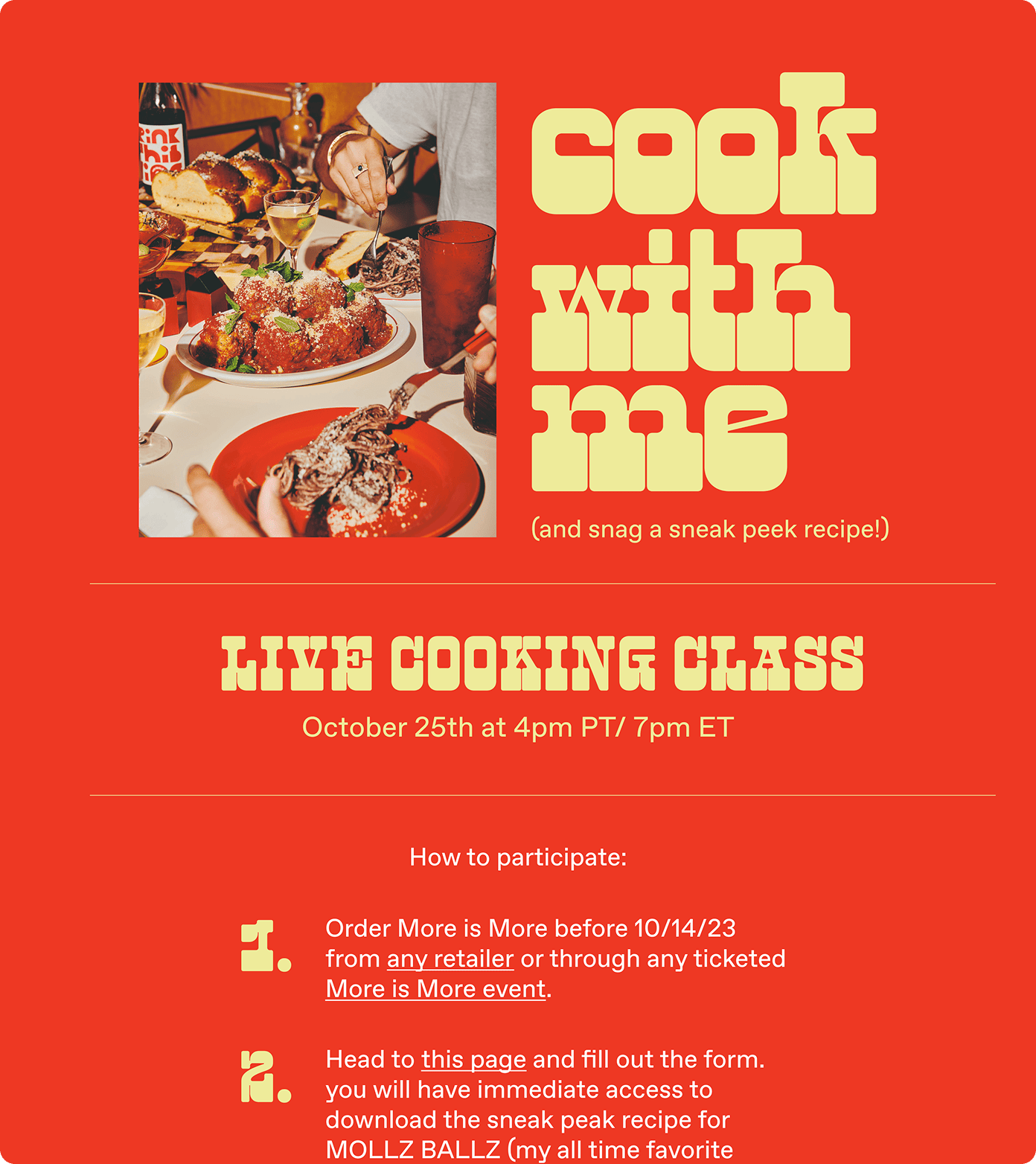 A promotional graphic for a live cooking class on October 25th, featuring food on a table and instructions on how to join the class by ordering a product in advance. | Wonderly