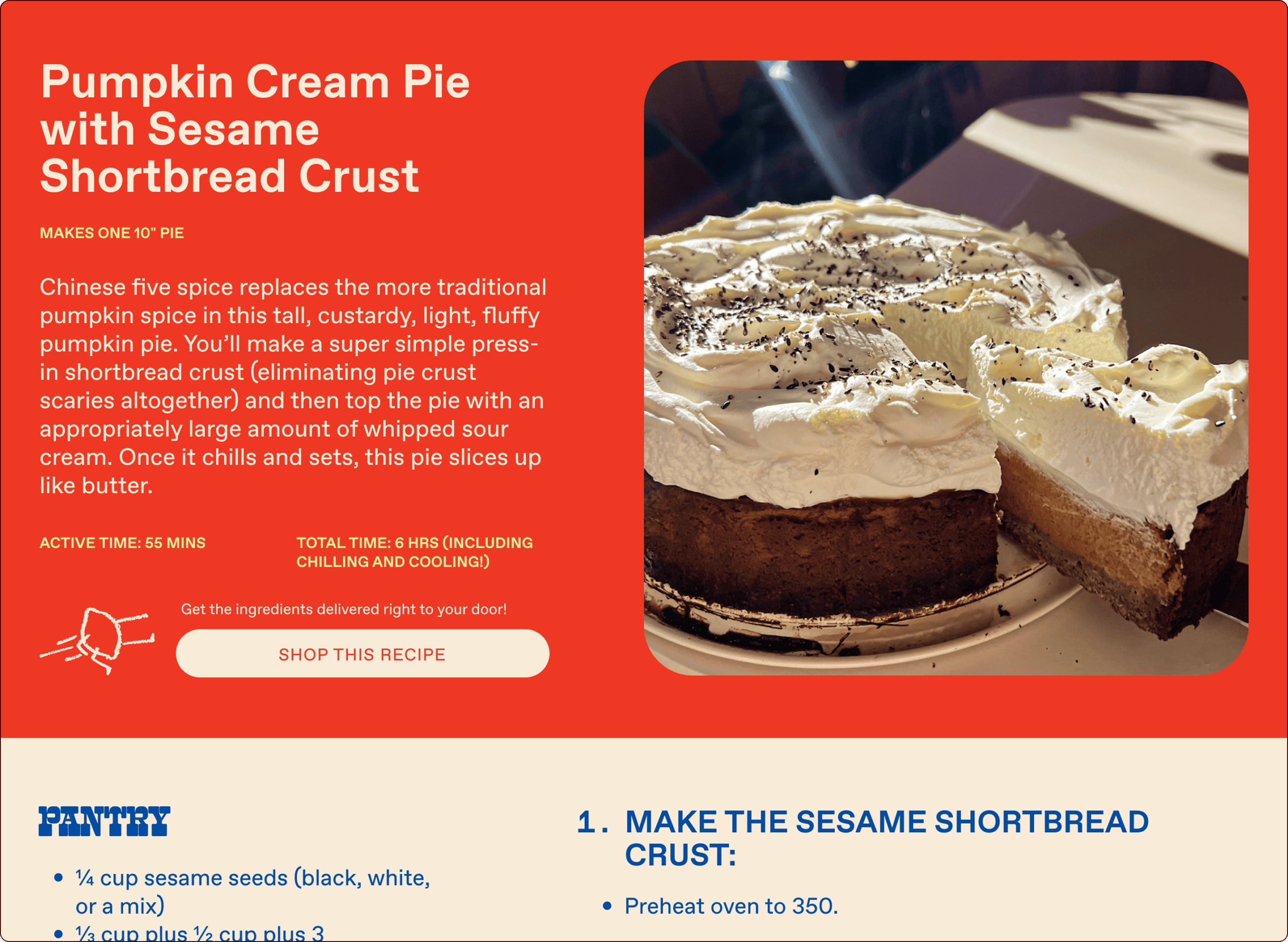 A pumpkin cream pie with whipped cream topping sits on a plate next to a pie dish, with a detailed recipe and ingredient list displayed beside the image. | Wonderly