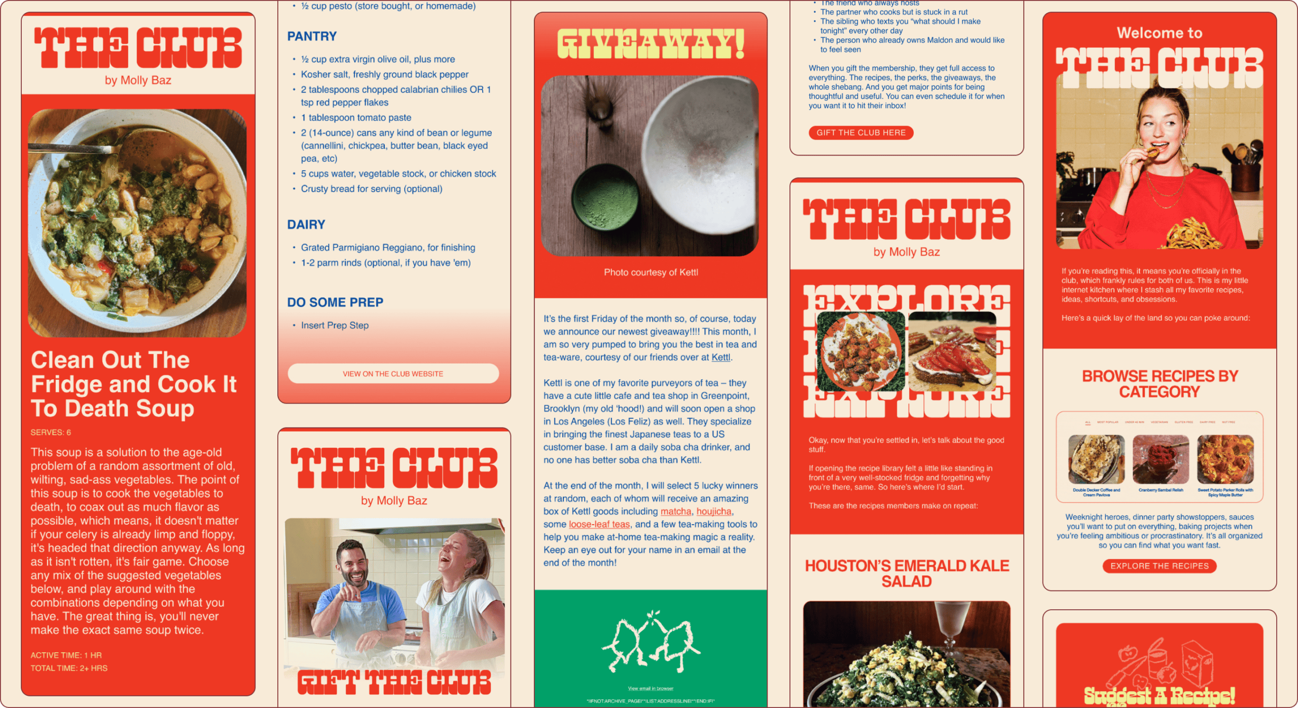 Screenshot of a food blog with recipes, a giveaway announcement, images of meals, and a woman eating noodles in the top right corner. Various sections are highlighted in red and beige. | Wonderly