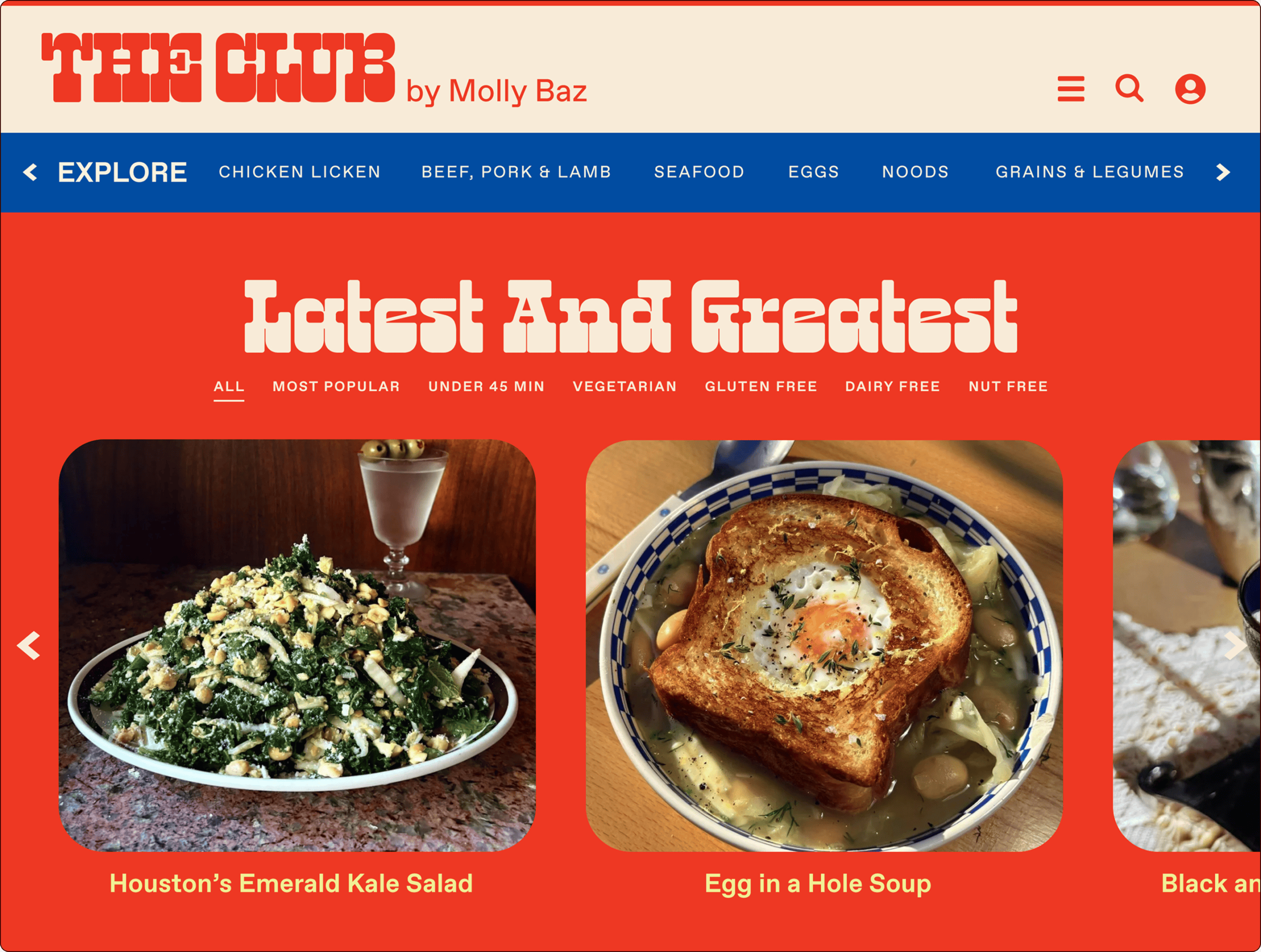 A website page from "The Club by Molly Baz" displays dishes including Houston’s Emerald Kale Salad and Egg in a Hole Soup under the "Latest And Greatest" section. | Wonderly