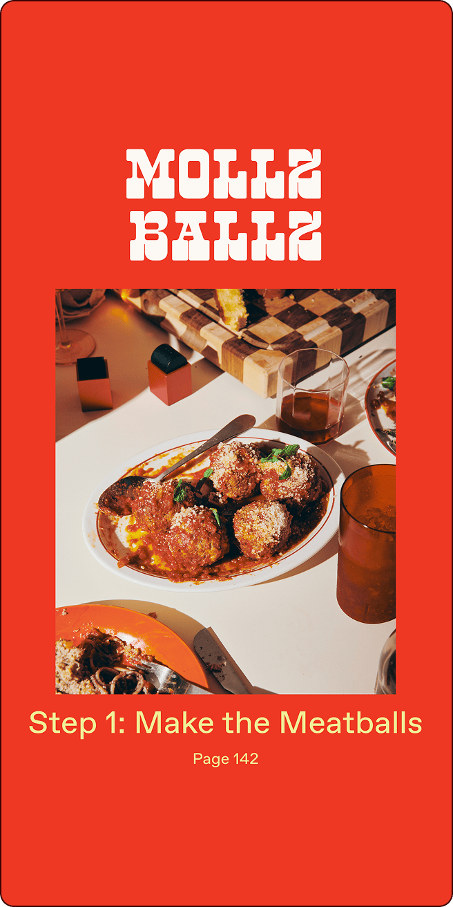 A plate of meatballs in sauce sits on a table with drinks and other dishes; the text reads "Step 1: Make the Meatballs, Page 142. | Wonderly