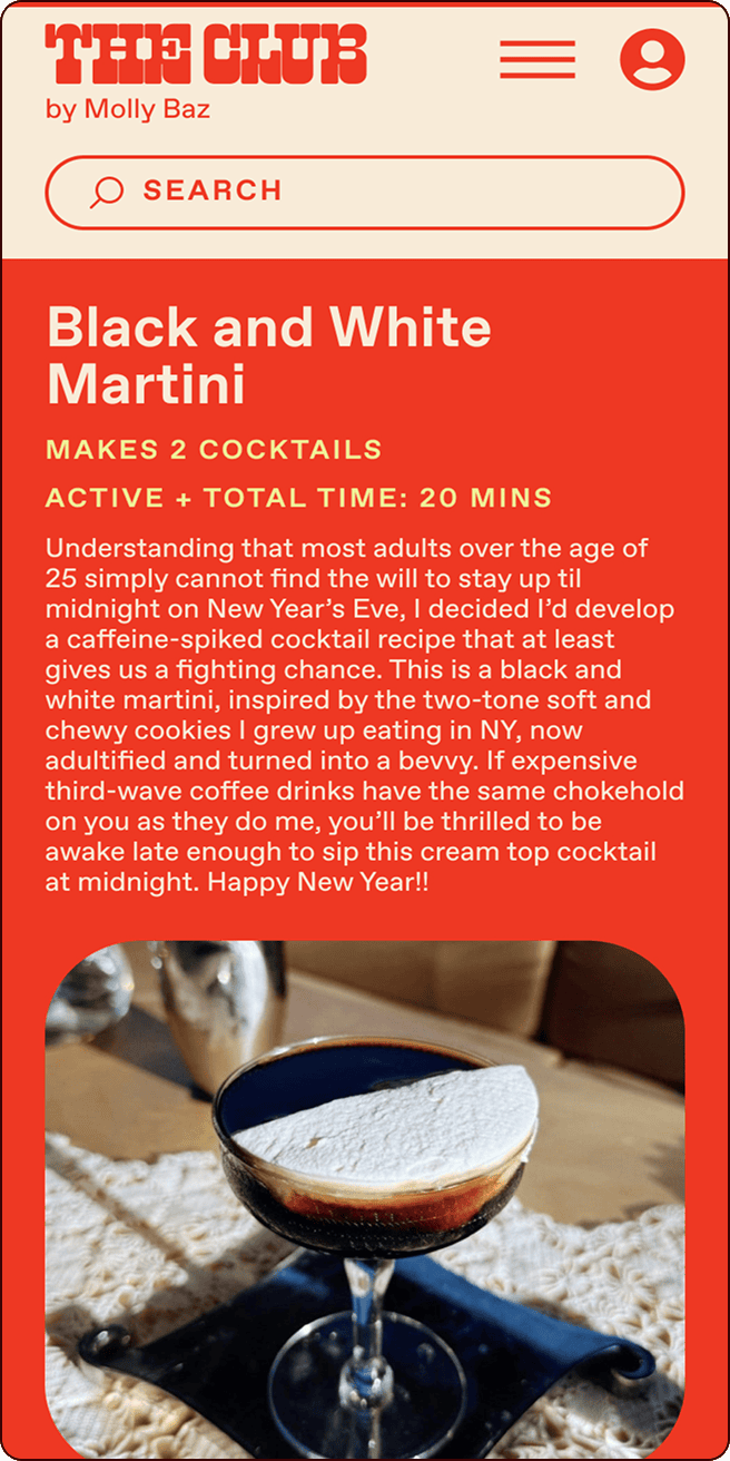A recipe webpage for a Black and White Martini cocktail, featuring the title, a brief description, and preparation details in a red and beige color scheme. | Wonderly