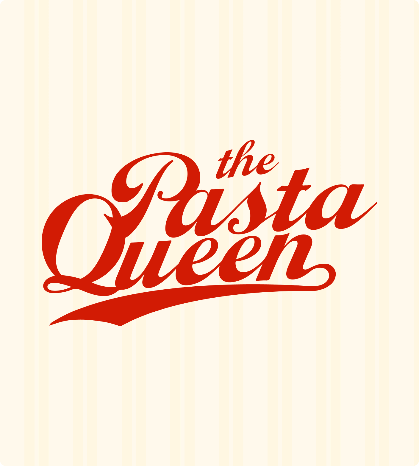 Red cursive text reads "the Pasta Queen" on a light beige striped background. | Wonderly
