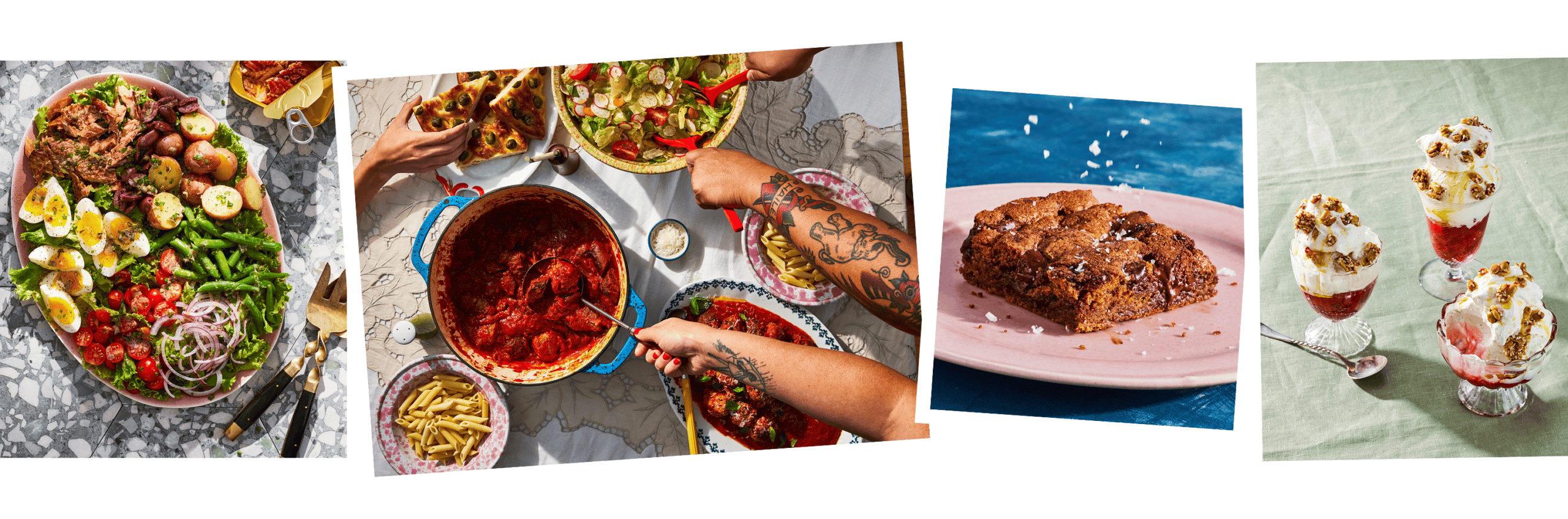 Four photos: a platter with assorted vegetables and eggs, people serving pasta and salad, a slice of cake on a plate, and three parfait desserts in glass cups. | Wonderly