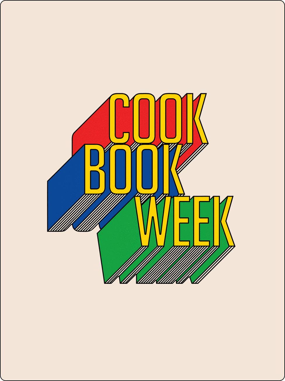 Text "Cook Book Week" in bold yellow font with red, blue, and green geometric shadows on a beige background. | Wonderly