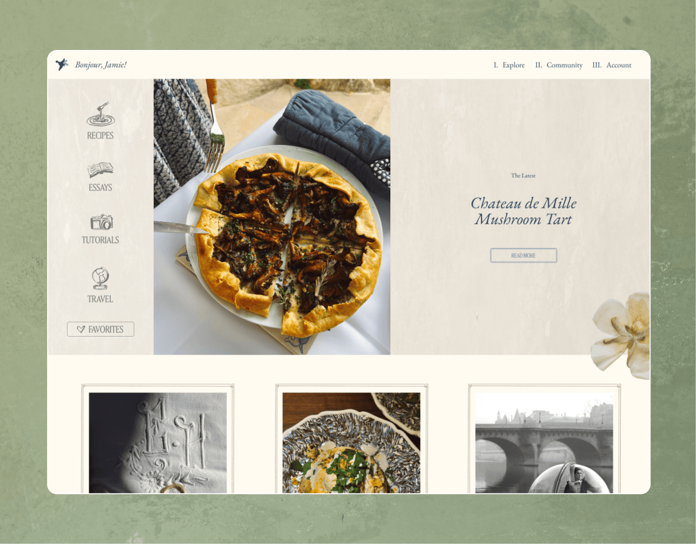 A rustic mushroom tart on a plate is displayed on a webpage titled "Chateau de Mille Mushroom Tart," surrounded by navigation links and food-themed images. | Wonderly