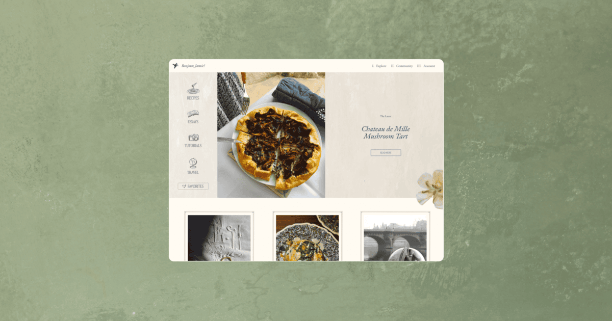 Screenshot of a recipe blog webpage featuring a Chanterelle Mille Mushroom Tart in the center, with navigation links and additional food and travel images below. | Wonderly