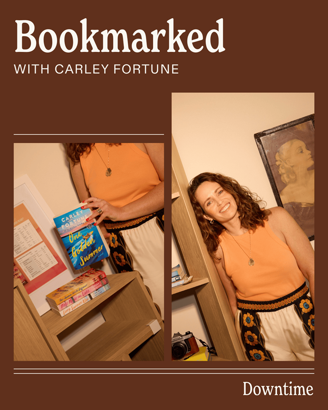 Author Carley Fortune stands by a bookshelf, smiling, with her books "Meet Me at the Lake" and "Every Summer After" displayed on the shelf. | Wonderly