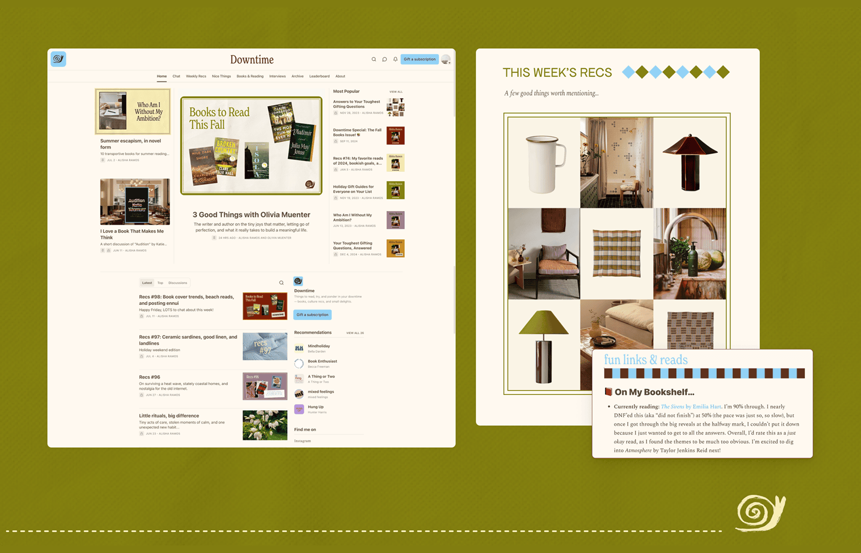 Screenshot displaying a website's "Books to Read This Fall" section and a weekly recommendations page featuring books, home items, and a highlighted reading pick. | Wonderly