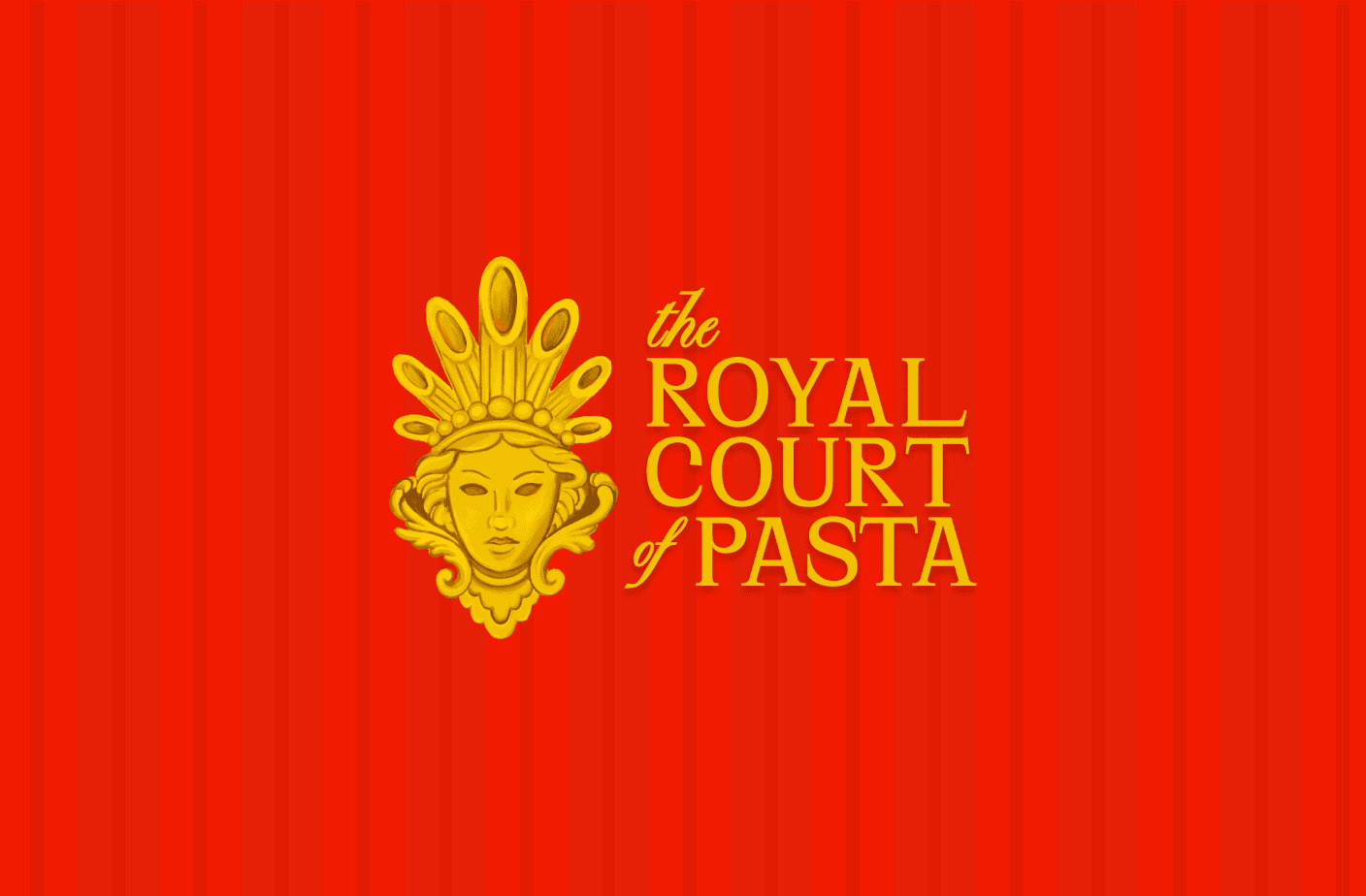 A gold ornate face and headdress graphic with the text "the Royal Court of Pasta" on a red background with vertical subtle stripes. | Wonderly