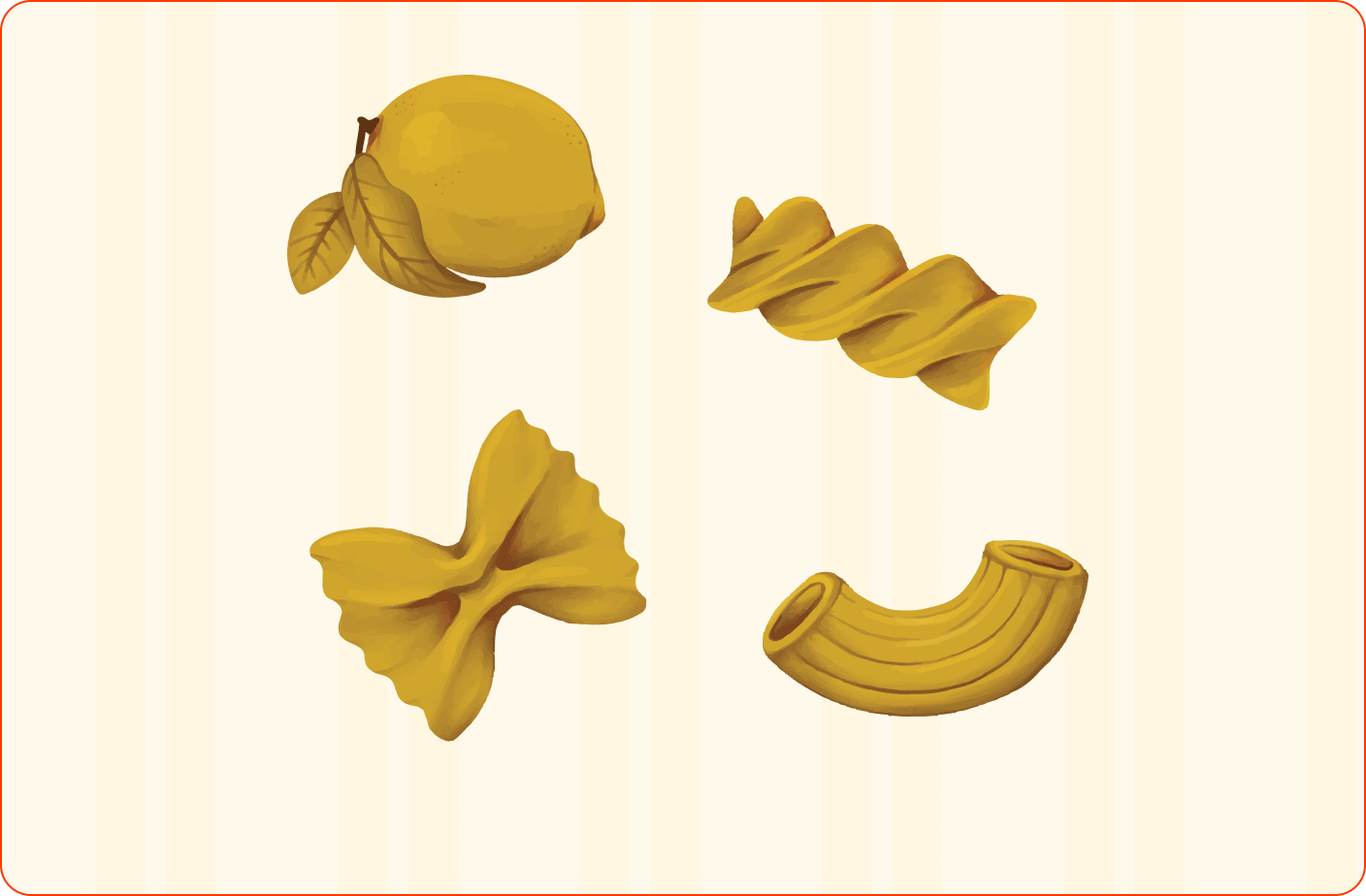 Illustration of a lemon and three types of pasta: fusilli, farfalle, and elbow macaroni, on a light striped background. | Wonderly