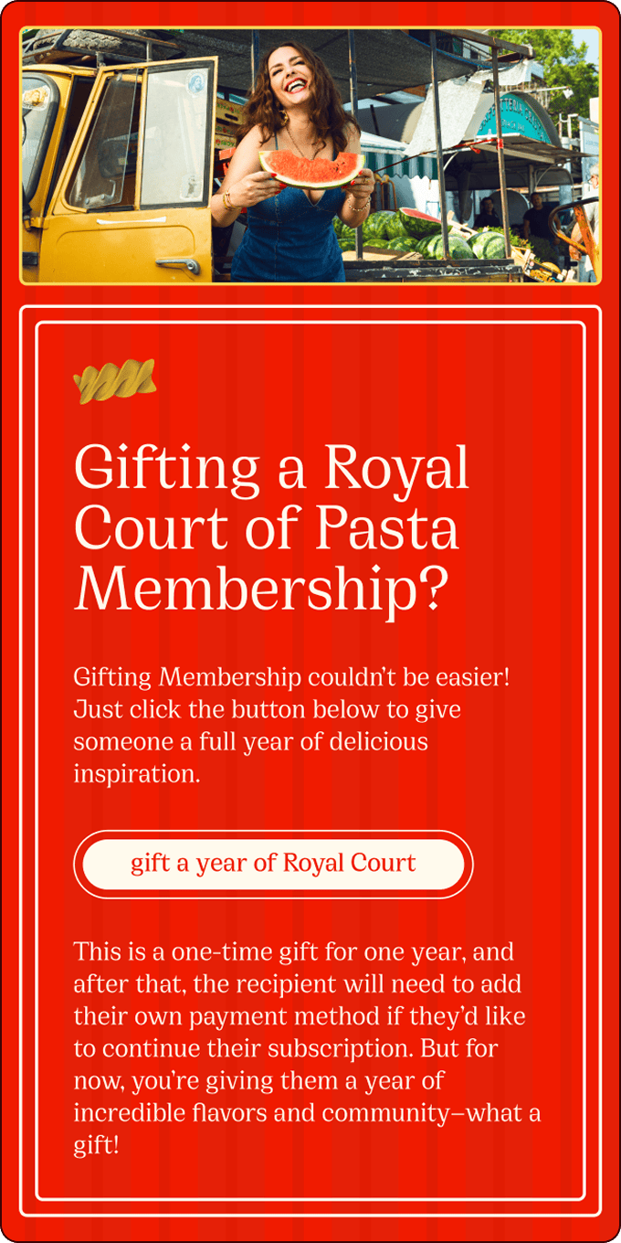 A woman holding a bowl of pasta smiles in front of a yellow van. The text promotes gifting a year of Royal Court of Pasta Membership and explains how the gift works. | Wonderly