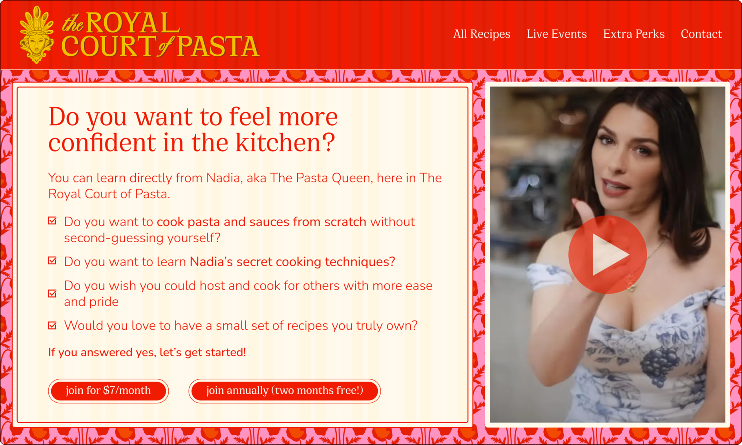 Screenshot of The Royal Court of Pasta website featuring a promotional message, a photo of a woman gesturing while speaking, and buttons to join the cooking platform. | Wonderly
