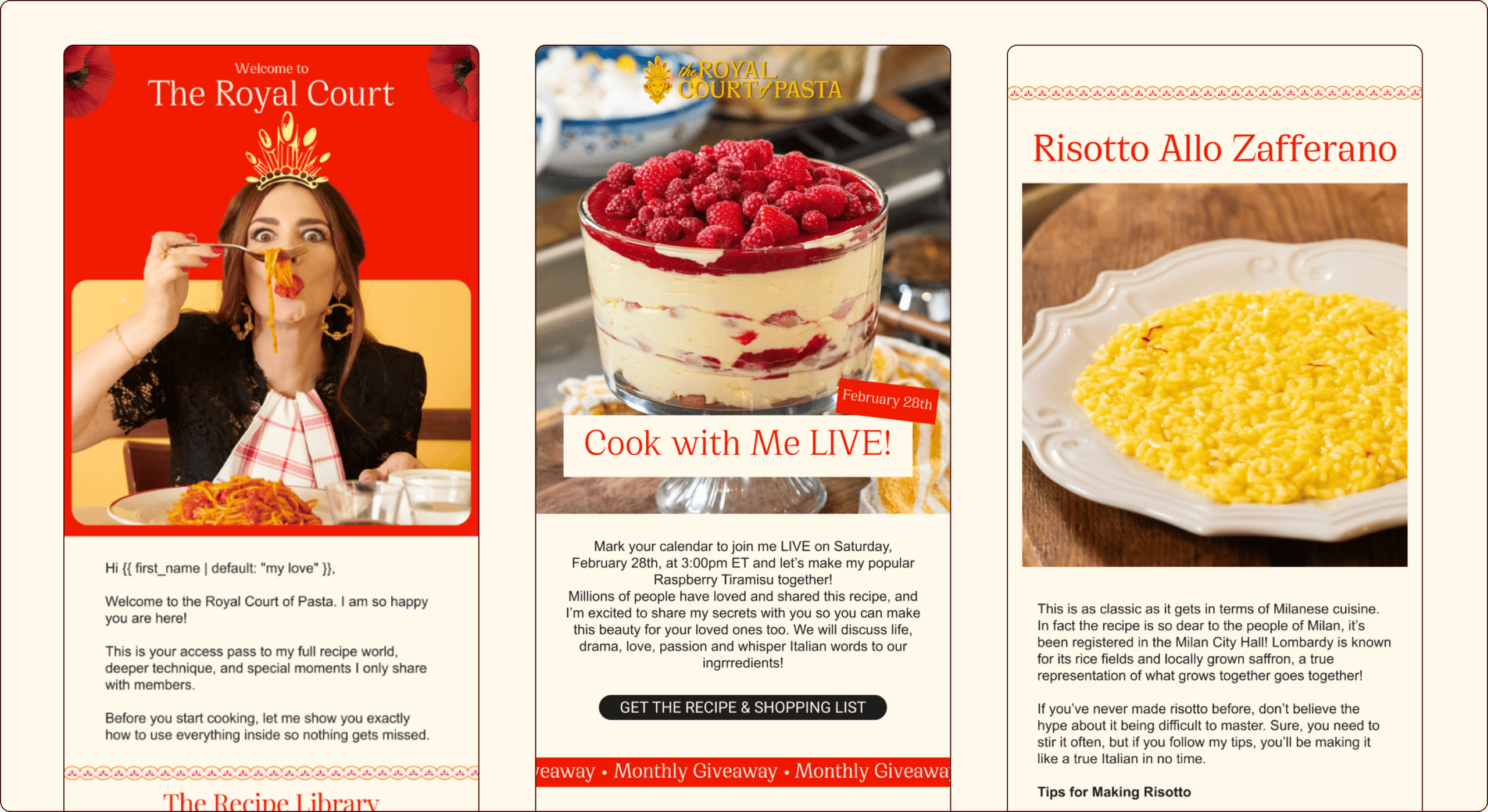 Screenshot of a newsletter featuring three sections: a woman eating pasta, a berry dessert in a glass, and a plate of yellow risotto, each with related text and headlines. | Wonderly