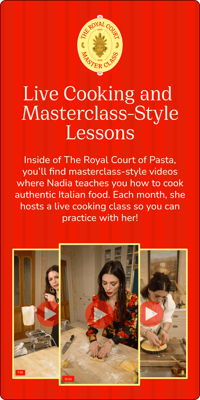 Promotional image for The Royal Court of Pasta showing Nadia teaching Italian cooking in three video stills, with text describing live cooking and masterclass-style lessons. | Wonderly