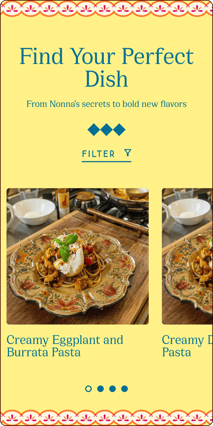 A mobile app screen displays a food selection interface, featuring “Creamy Eggplant and Burrata Pasta” with an image of the dish on a patterned plate. | Wonderly