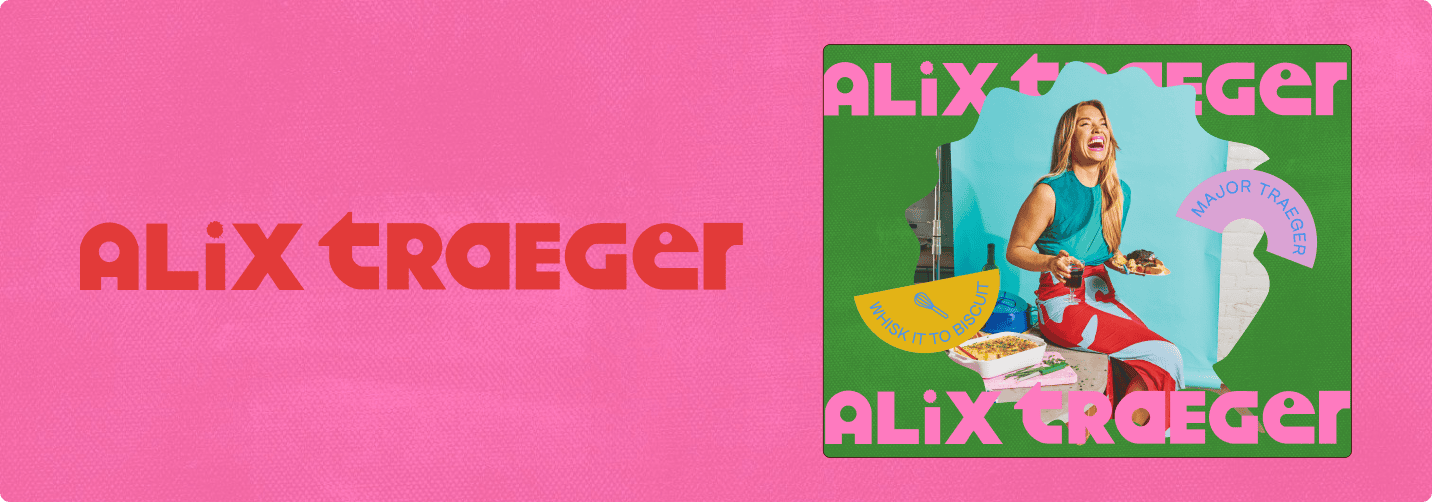 Bright graphic with the name "Alix Traeger" and a photo of a woman in a blue dress eating pizza, seated at a pink table with food and drinks; colorful text background. | Wonderly