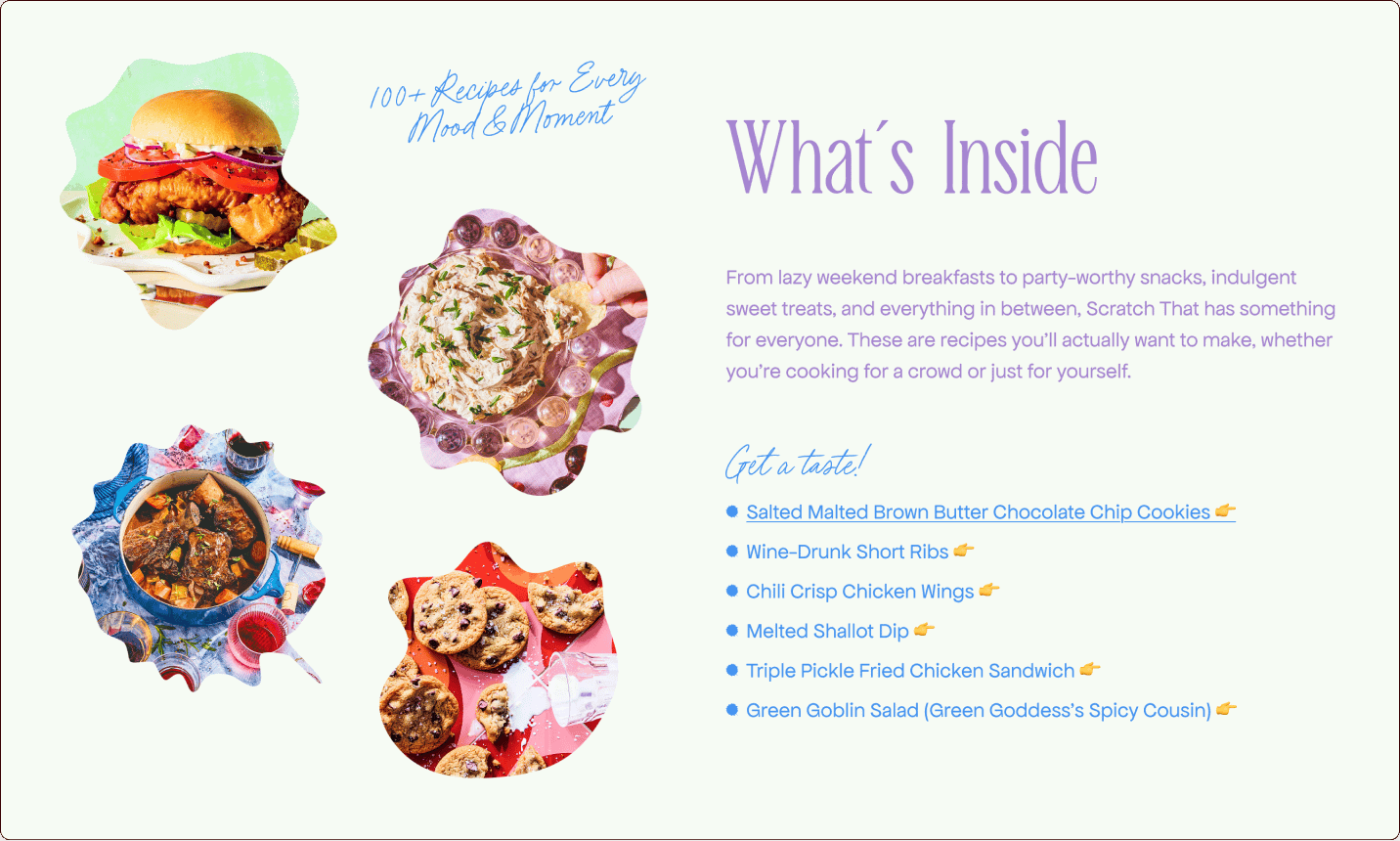 A menu page titled "What's Inside" features photos of various dishes, a short description, and a list of six recipes including cookies, ribs, chicken wings, dip, sandwiches, and salad. | Wonderly