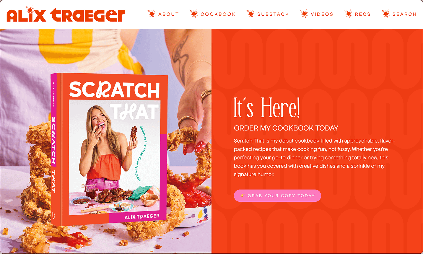 A cookbook titled "Scratch That" by Alix Traeger is displayed next to text announcing its release, with fried chicken and splashes of sauce as background elements. | Wonderly