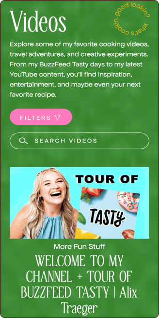 A green webpage section titled "Videos" with a search bar, filter button, and a featured video titled "TOUR OF TASTY" showing a smiling woman below. | Wonderly