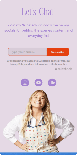 A smiling woman in a polka dot apron stands below a "Let’s Chat!" invitation to subscribe via email or follow on social media for behind-the-scenes content. | Wonderly