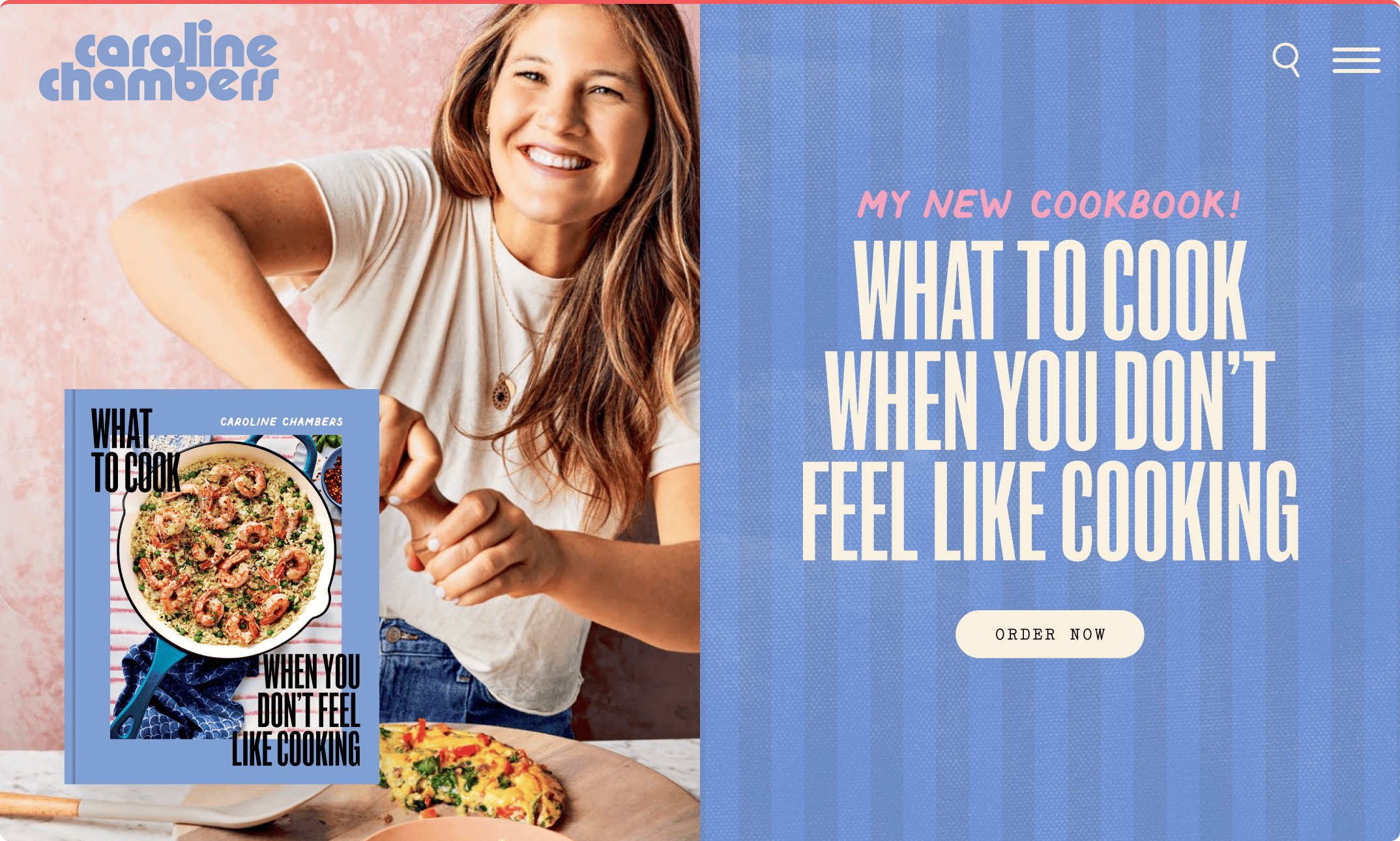 A woman smiles while preparing food next to a large sign promoting her cookbook titled "What to Cook When You Don't Feel Like Cooking" with an "Order Now" button. | Wonderly