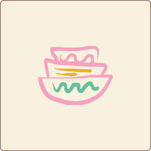 Simple drawing of three stacked bowls, outlined in pink, with wavy green and yellow lines on a beige background. | Wonderly