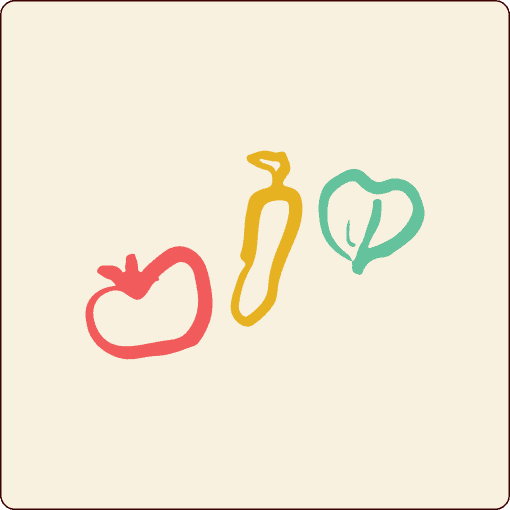 Simple line drawings of a tomato in red, a yellow pepper, and a green bell pepper on a beige background. | Wonderly