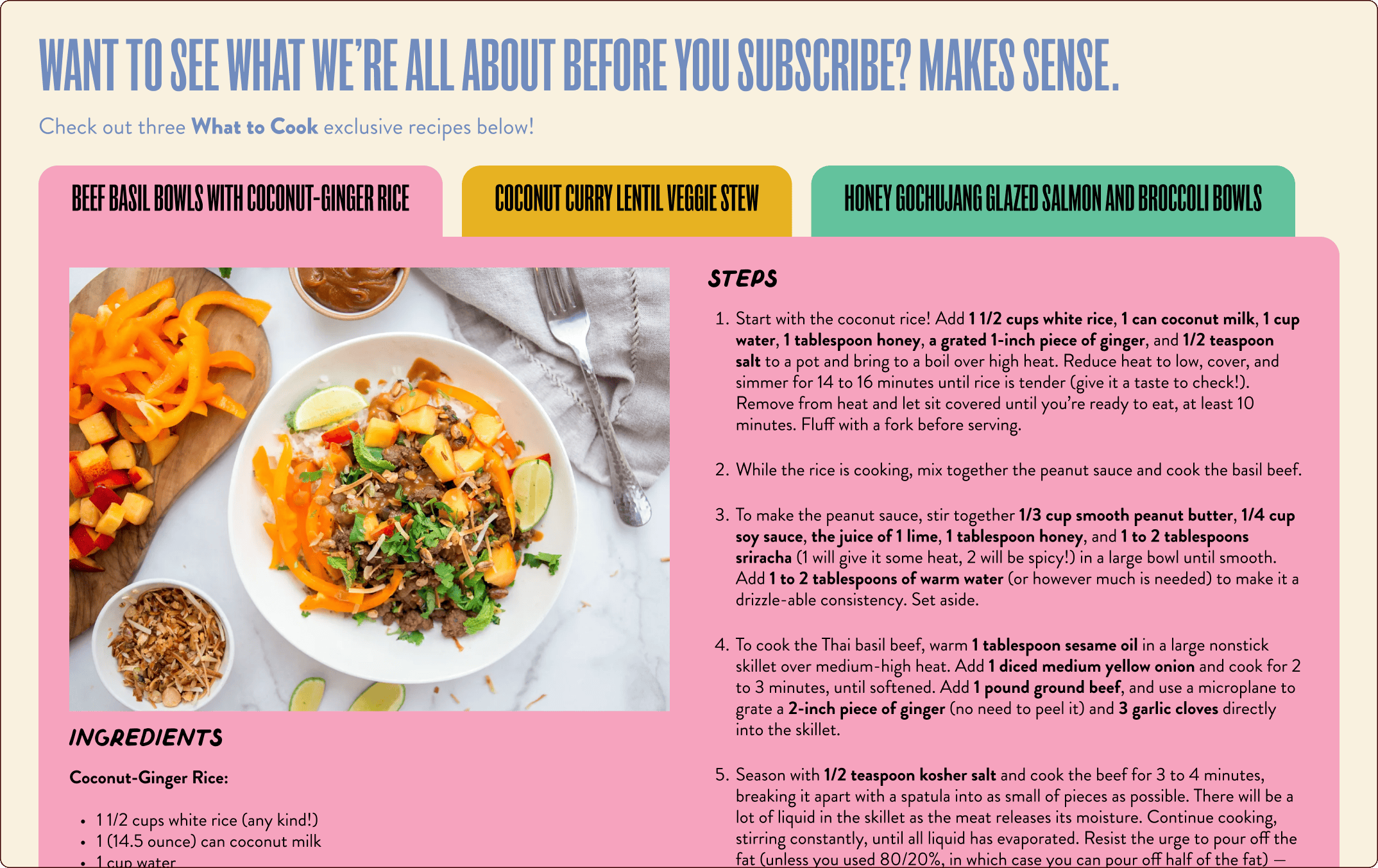 A recipe page displays three meal options and highlights Beef Basil Bowls with Coconut-Ginger Rice, listing ingredients, a photo of the dish, and step-by-step cooking instructions. | Wonderly
