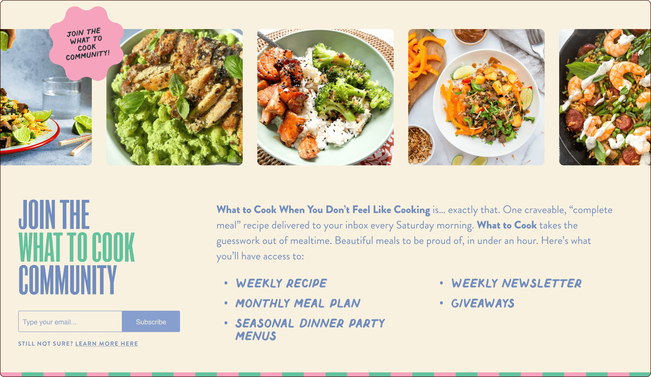 Three plates of colorful food above a promotional banner for the "What to Cook" community, listing benefits like weekly recipes, meal plans, and a newsletter. | Wonderly