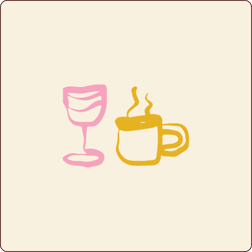 A simple illustration of a pink wine glass and a yellow steaming coffee cup on a beige background. | Wonderly