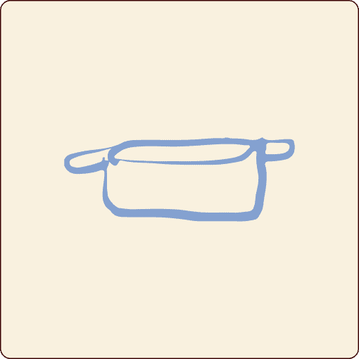 Simple blue line drawing of a cooking pot with two handles, centered on a beige background with rounded corners. | Wonderly
