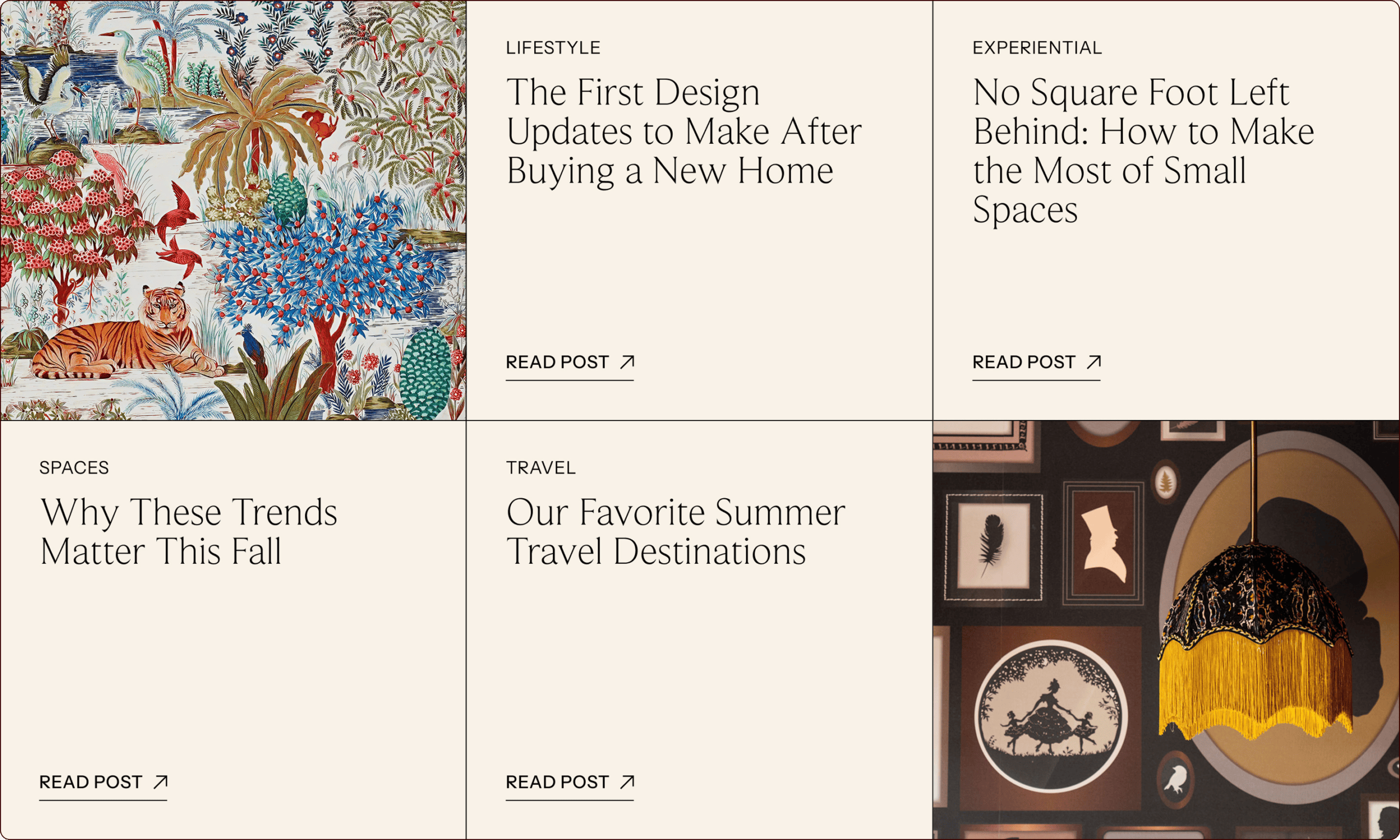 A grid of five blog post previews features article titles, category labels, and images including colorful wallpaper, a floral lampshade, and framed art on a wall. | Wonderly