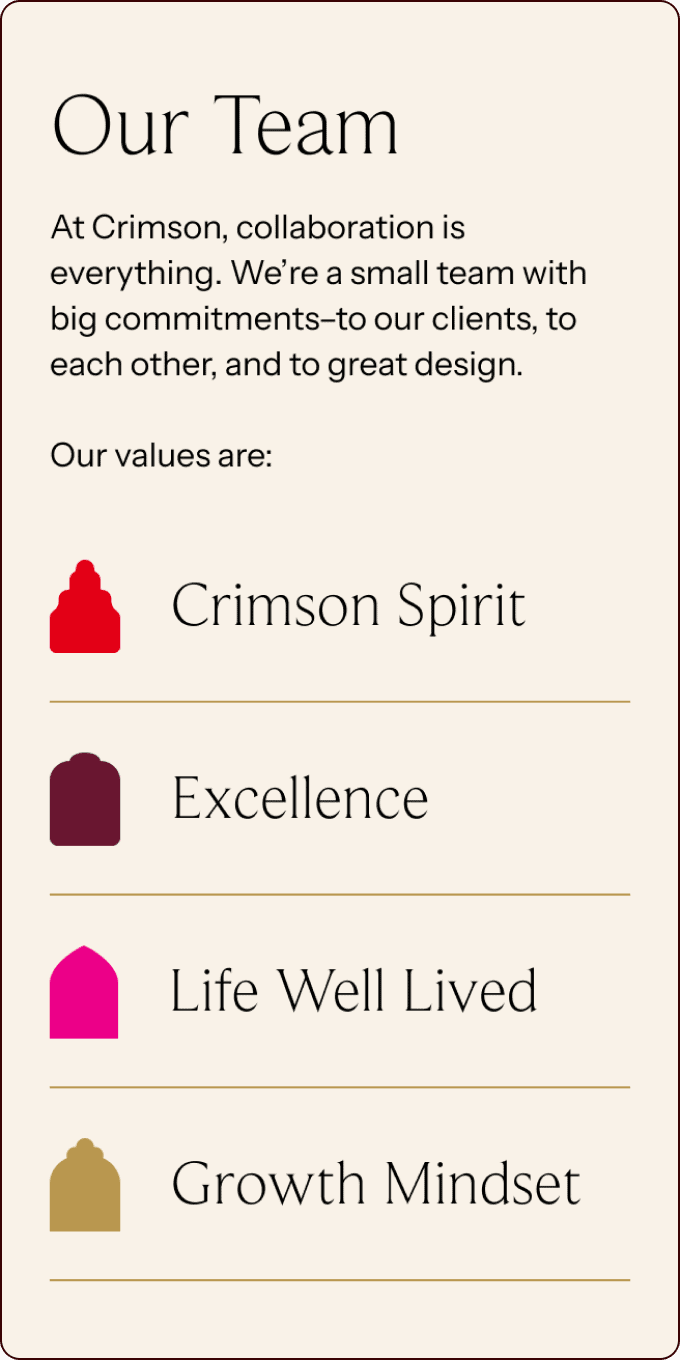 A beige poster titled "Our Team" lists four values: Crimson Spirit, Excellence, Life Well Lived, and Growth Mindset, each with a colored icon. | Wonderly