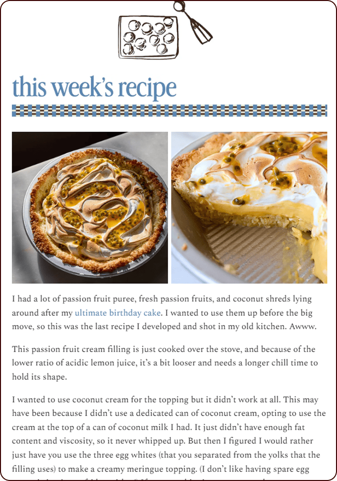 A close-up of a passion fruit pie with a golden meringue topping, beside a text recipe and a sketch of a whisk and bowl at the top. | Wonderly