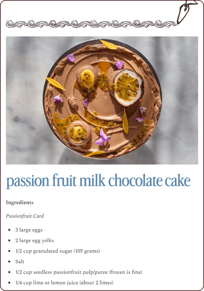 A round chocolate cake topped with halved passion fruits, yellow petals, and passion fruit seeds, placed on a marble surface. Recipe ingredients are listed below the image. | Wonderly