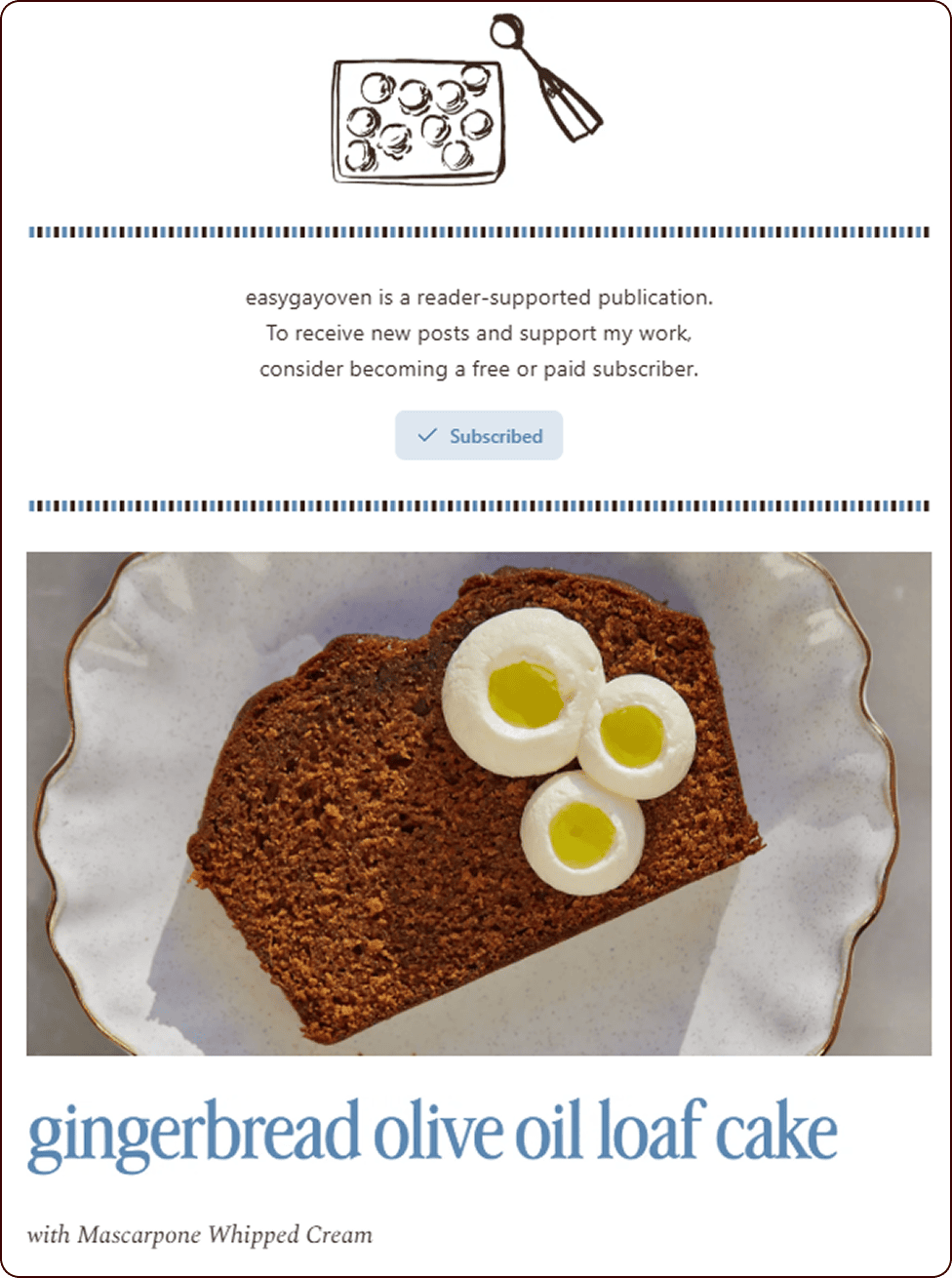 A slice of gingerbread olive oil loaf cake topped with three dollops of mascarpone whipped cream, served on a white plate with a patterned rim. | Wonderly