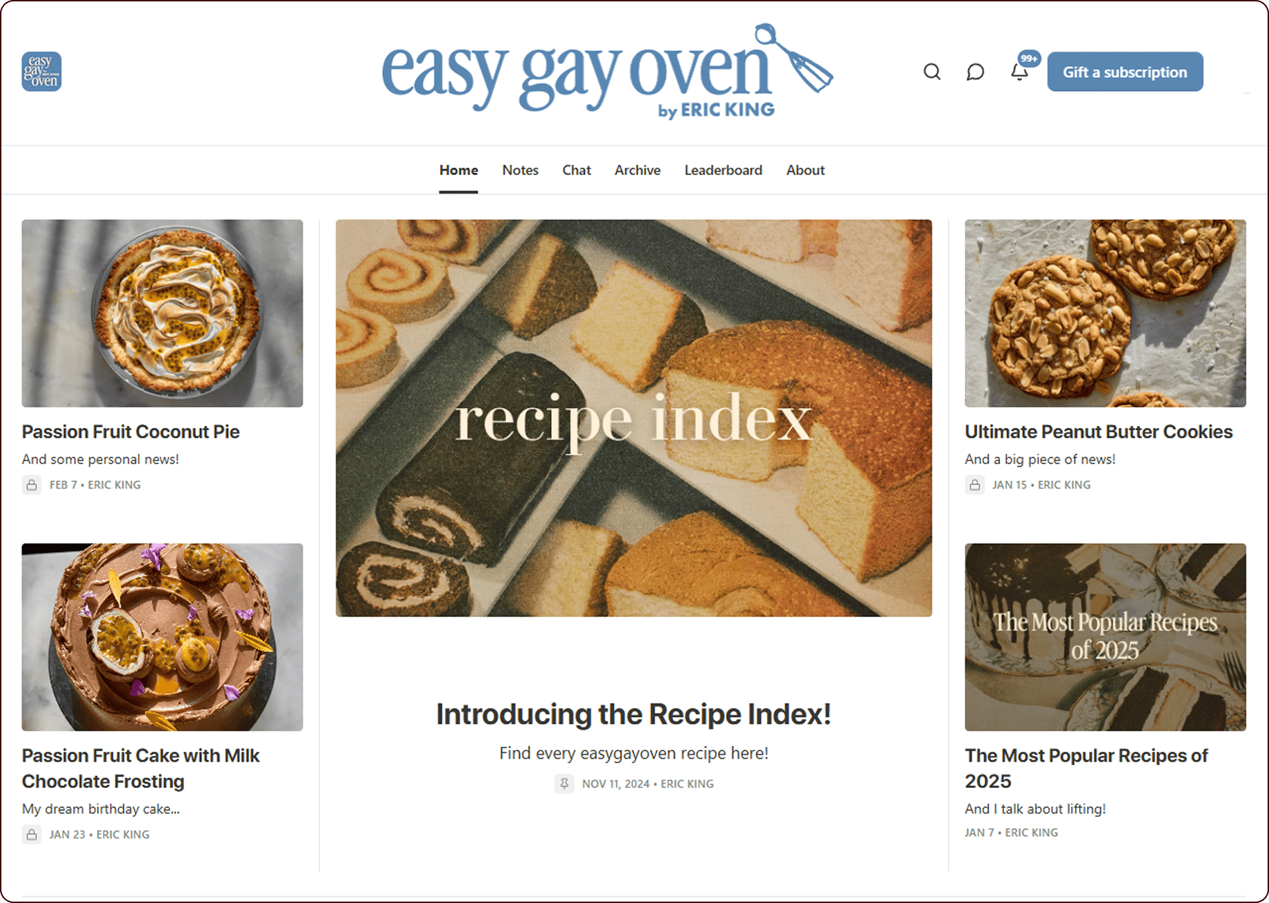 Screenshot of the Easy Gay Oven website homepage, showing recipe posts with images, including a central “recipe index” feature and a top navigation bar. | Wonderly