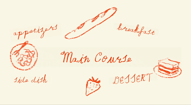 Hand-drawn illustrations of a baguette, salad, strawberry, and cake with the words: appetizers, breakfast, main course, side dish, and dessert scattered across a beige background. | Wonderly